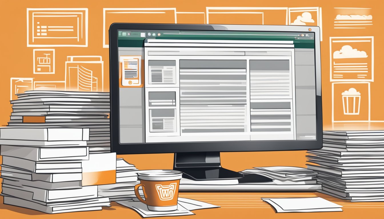 A computer monitor displaying the Whataburger logo, surrounded by digital files and paperwork, gradually transitioning to a stack of paperless documents