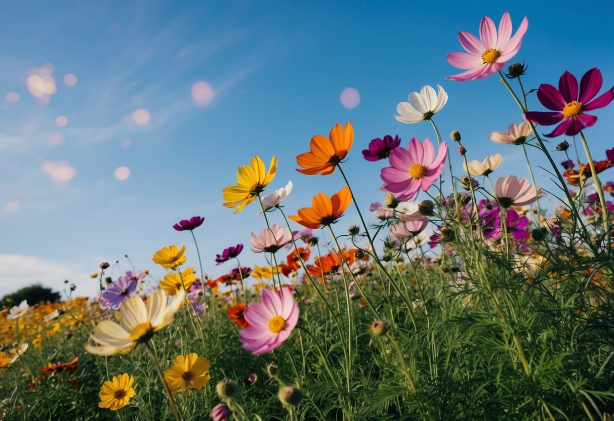 A vibrant field of cosmos flowers in various colors and sizes, swaying gently in the breeze under a clear blue sky