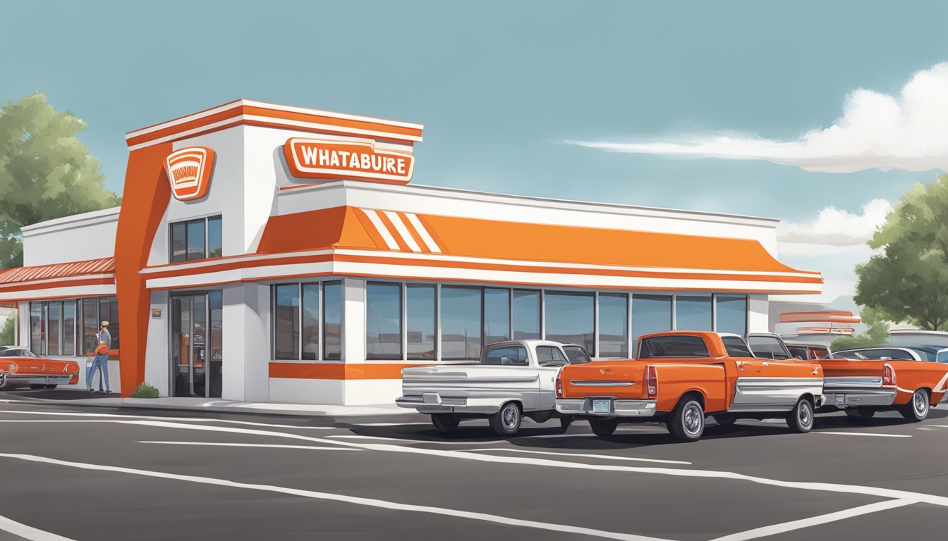 A bustling Whataburger restaurant in Norman, Oklahoma, with a classic red and white exterior, drive-thru lanes, and a busy parking lot