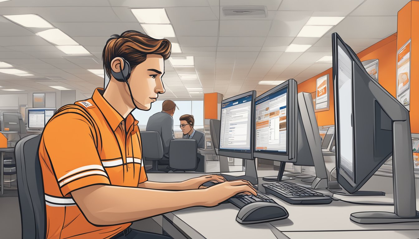 An employee sits at a computer, clicking through the Whataburger Employee Portal with a focused expression