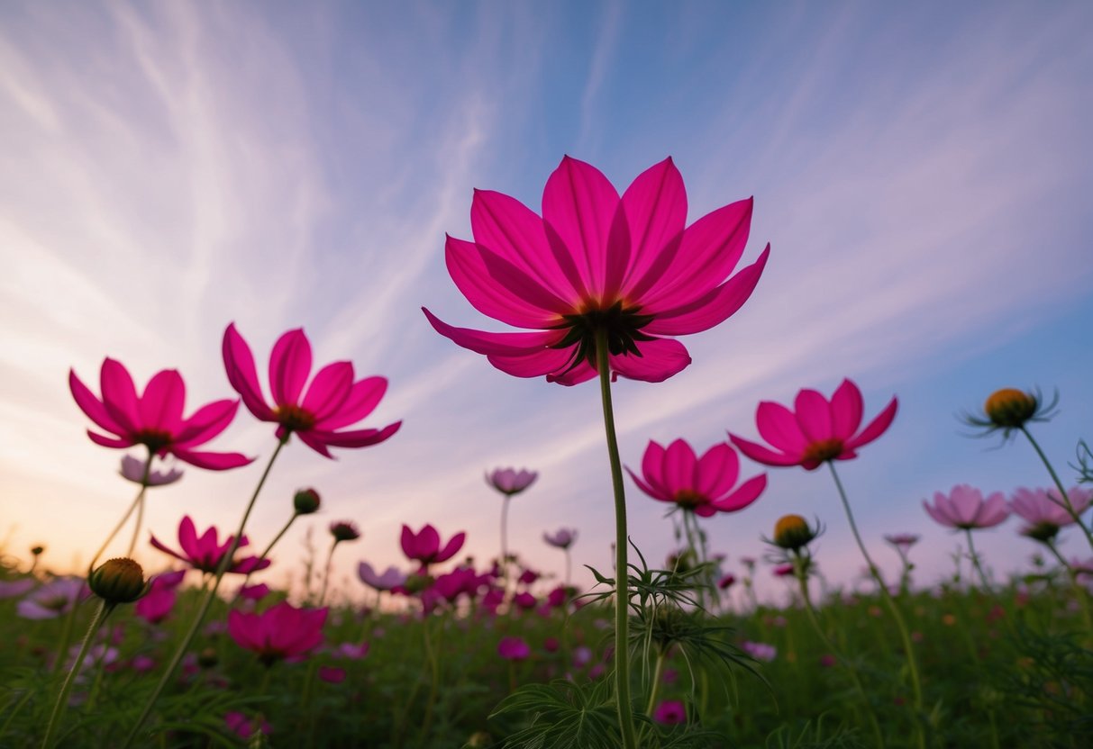 A cosmos flower blooming in a field, with its vibrant pink petals reaching towards the sky, symbolizing joy and harmony