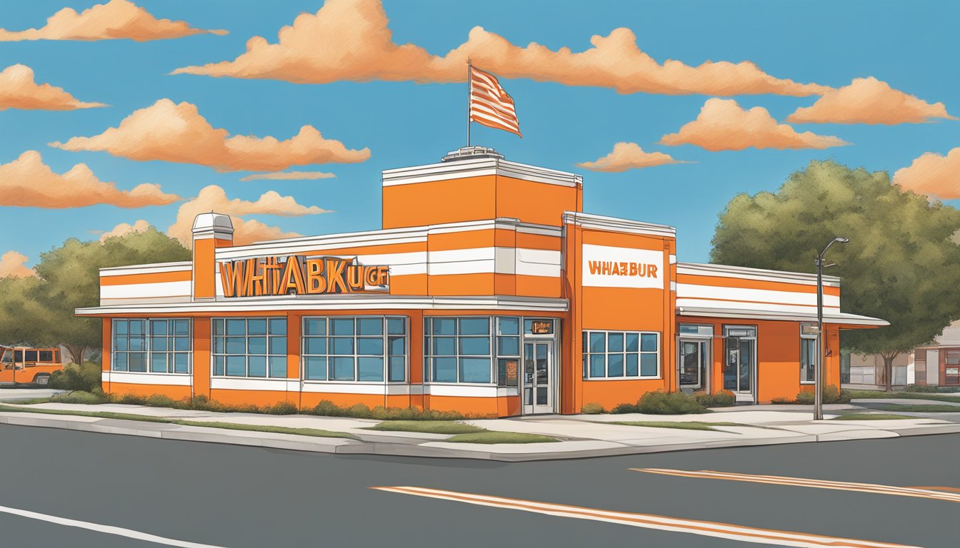 The iconic orange and white striped Whataburger building stands against a clear blue sky in the bustling city of Norman, Oklahoma