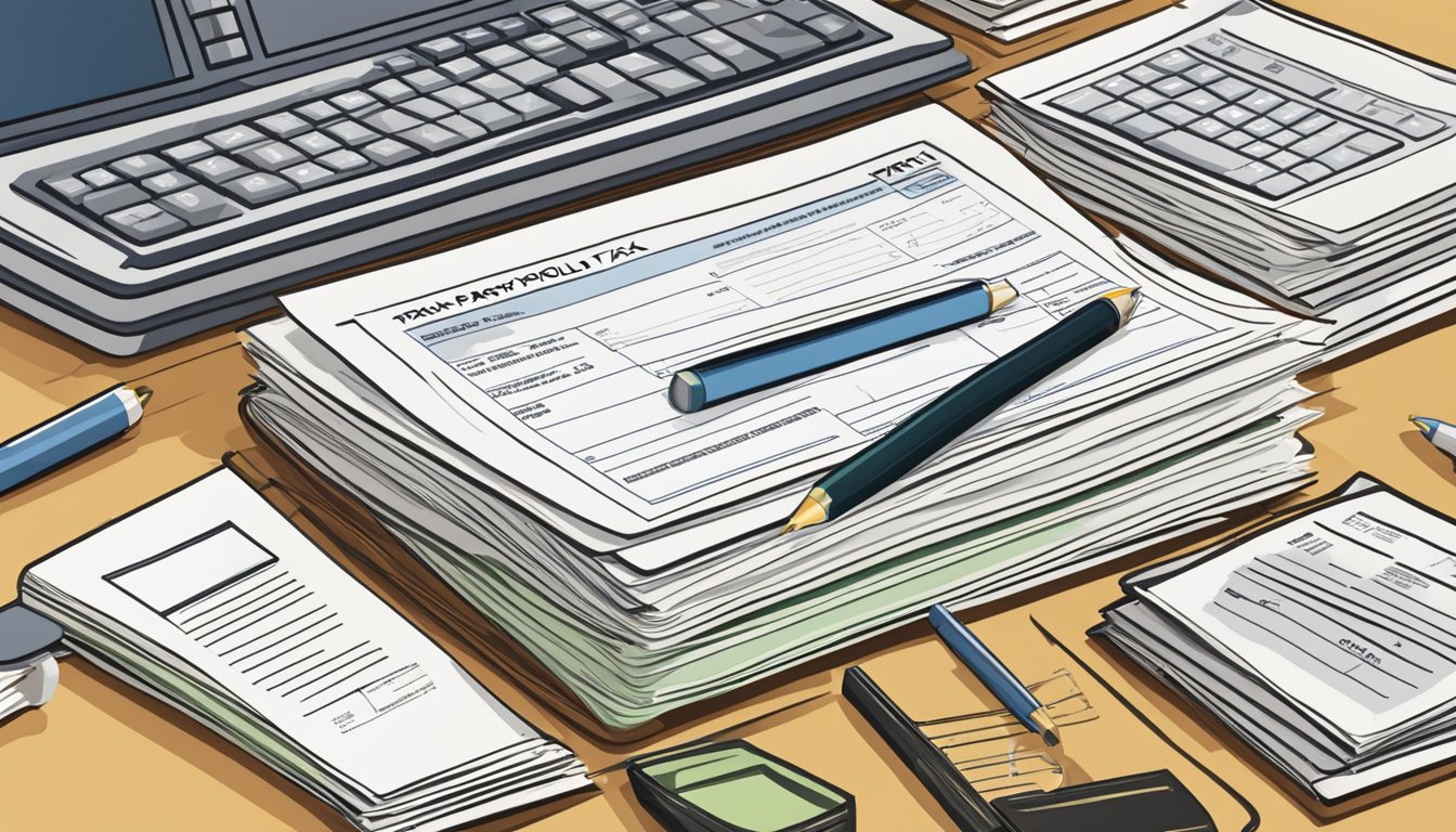 A stack of payroll and tax documents on a desk