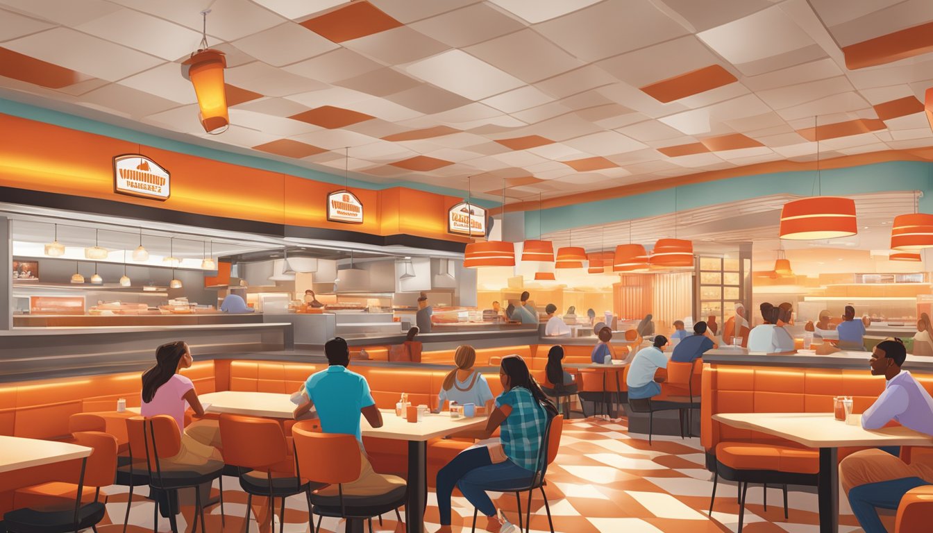 A bustling Whataburger restaurant in Norman, OK, with customers enjoying their meals at red and white checkered tables under the warm glow of hanging pendant lights