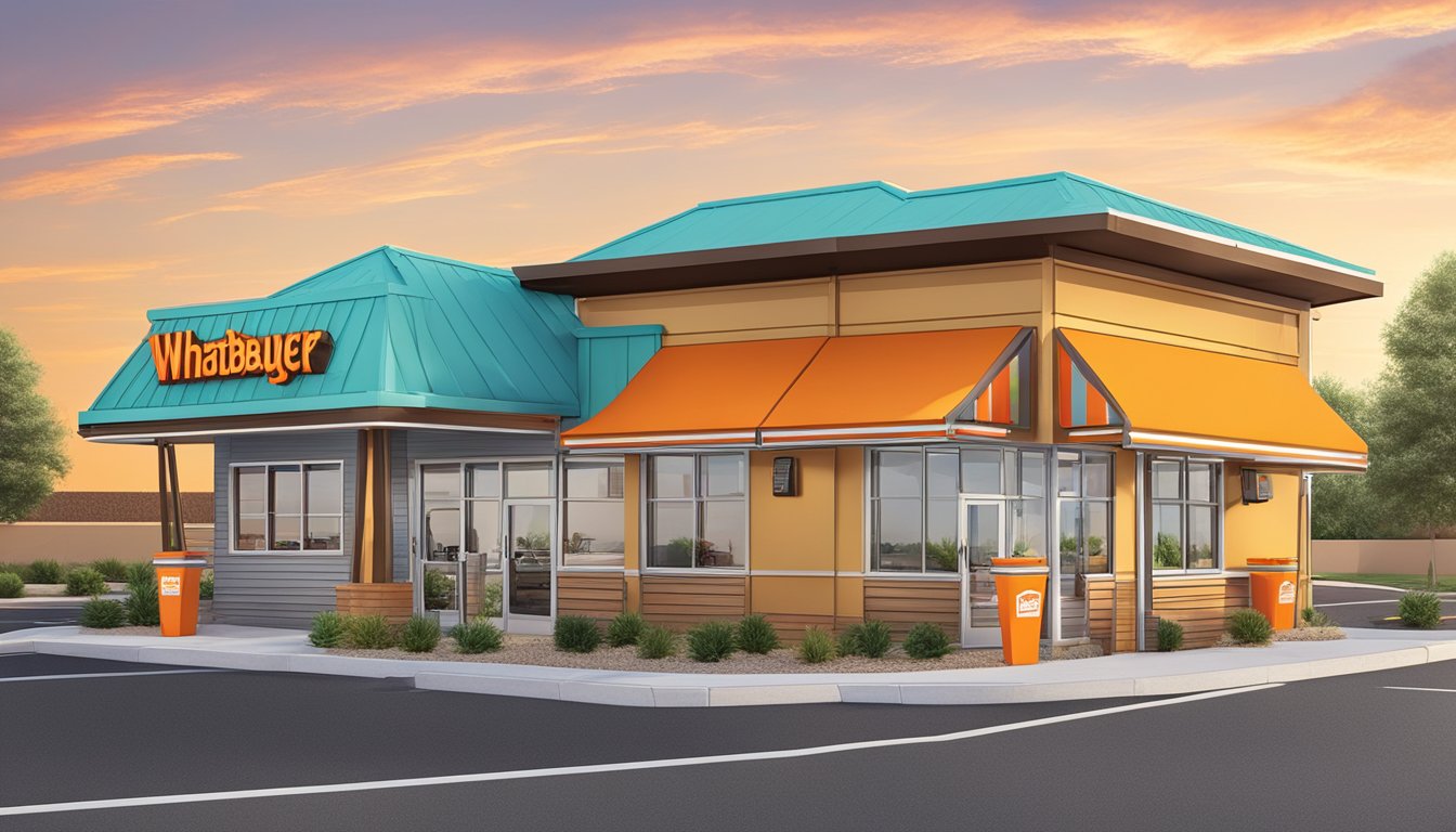 A Whataburger restaurant in Norman, OK with a drive-thru, outdoor seating, and a colorful sign