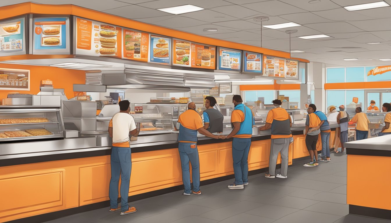 A bustling Whataburger restaurant in Norman, OK, with customers ordering at the counter and staff preparing and serving food