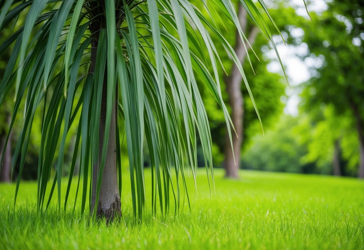 Lush green grass surrounds a tall, slender tree with long, blade-like leaves