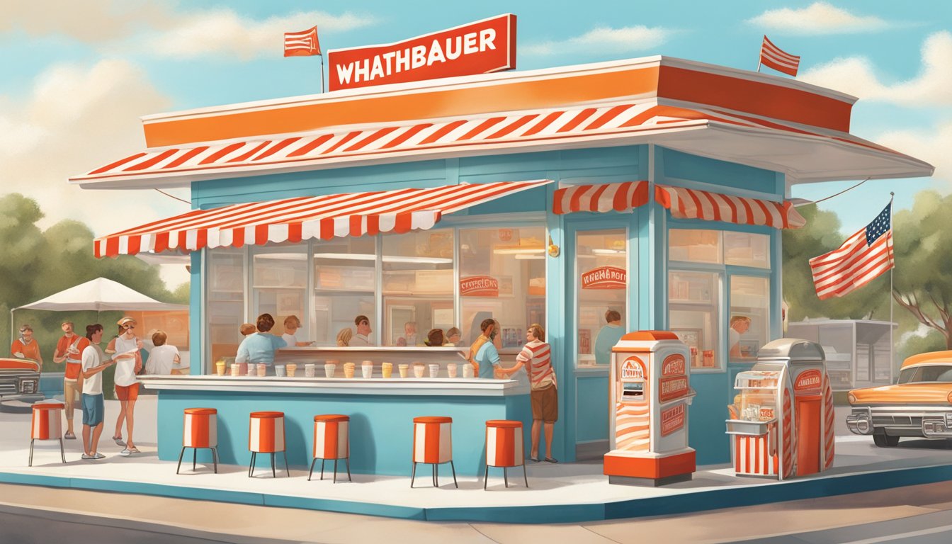 A vintage Whataburger ice cream stand with a classic red and white striped awning, surrounded by happy customers enjoying their frozen treats