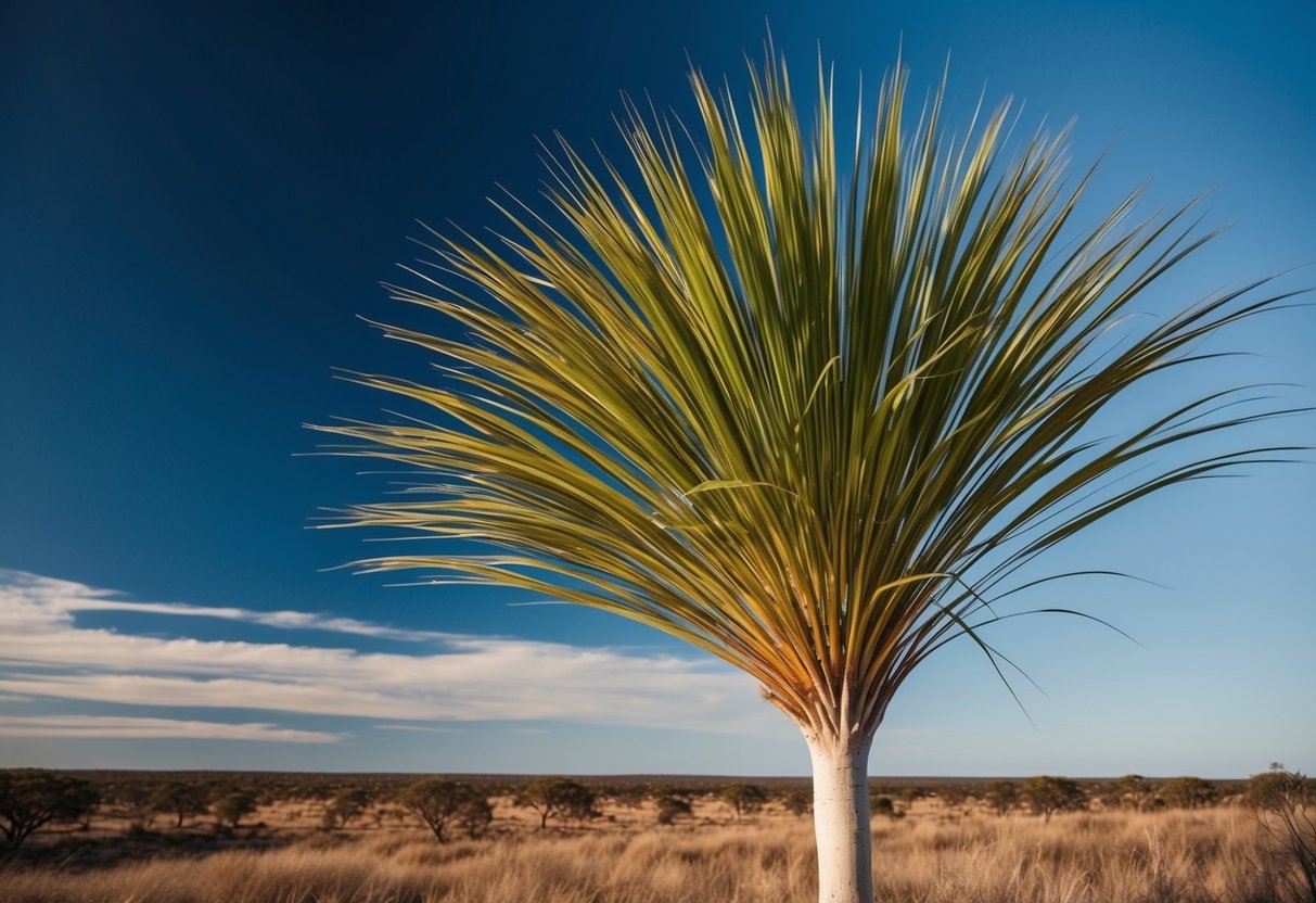 A grass tree stands tall in the Australian outback, its long, slender leaves reaching towards the sky. The rugged landscape and clear blue sky provide a dramatic backdrop