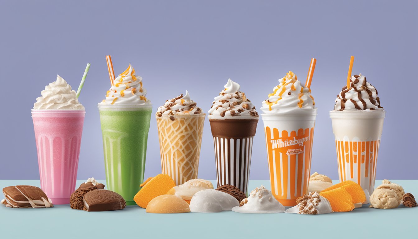 A colorful display of specialty shakes and seasonal offerings at Whataburger, with a variety of ice cream flavors and toppings