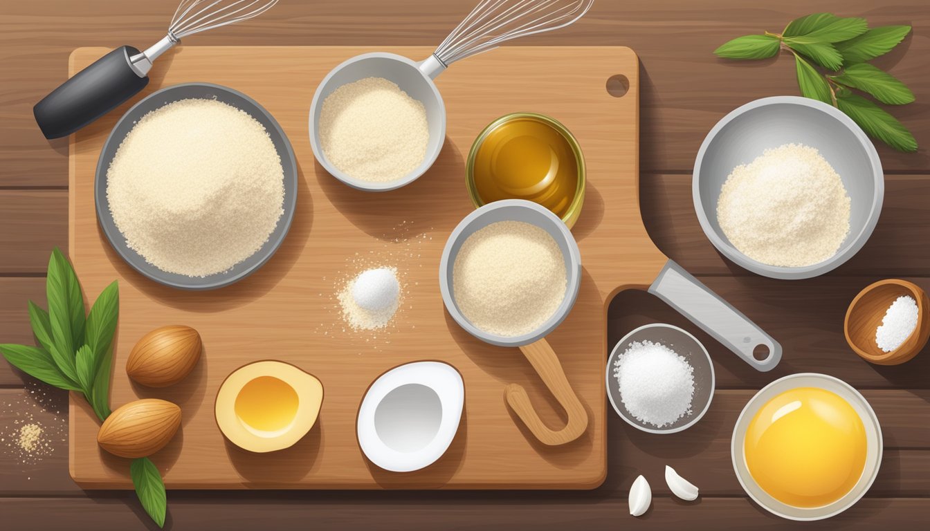 A wooden cutting board with almond flour, eggs, coconut oil, and baking powder arranged next to a mixing bowl and a whisk