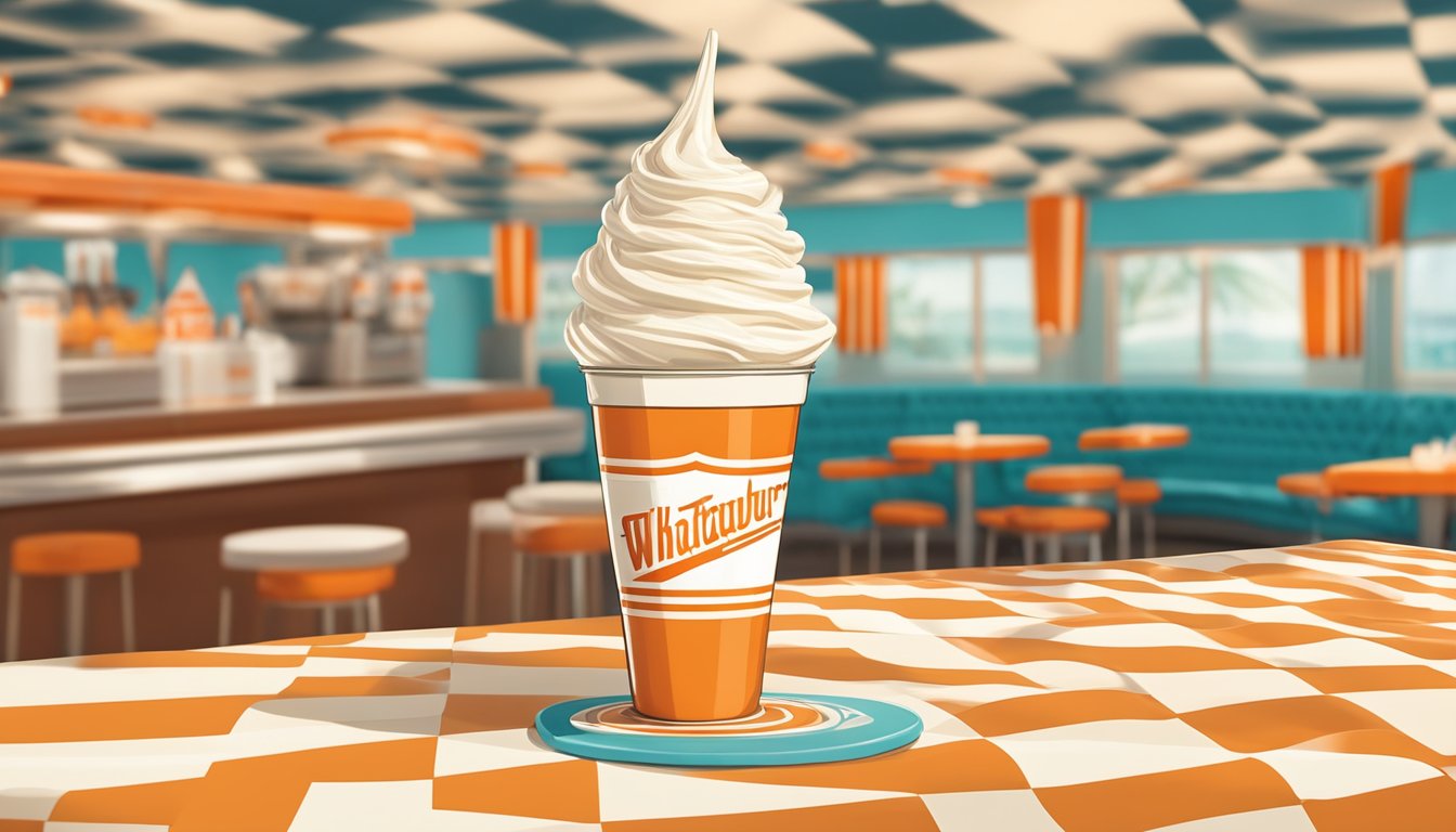 A Whataburger ice cream cone sits on a checkered tablecloth, surrounded by the restaurant's iconic orange and white striped packaging. A retro diner atmosphere is suggested by the presence of a classic milkshake glass and a jukebox in the background