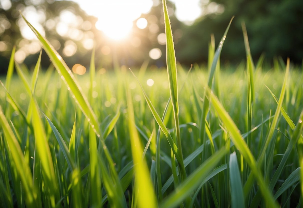 Lush zoysia grass sways in the gentle breeze, dappled sunlight filtering through the blades