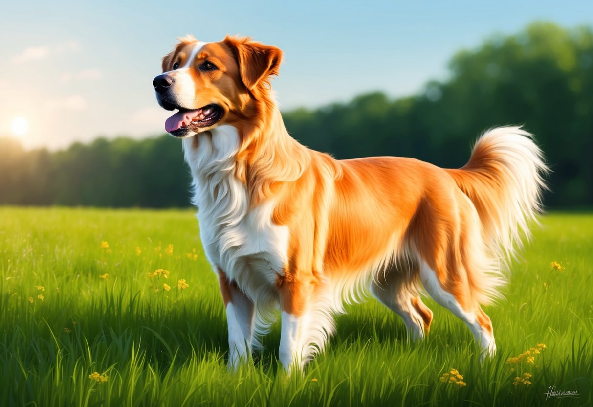 A Hovawart dog standing alert in a lush green meadow, with a gentle breeze ruffling its fur and the sun casting a warm glow on its golden coat