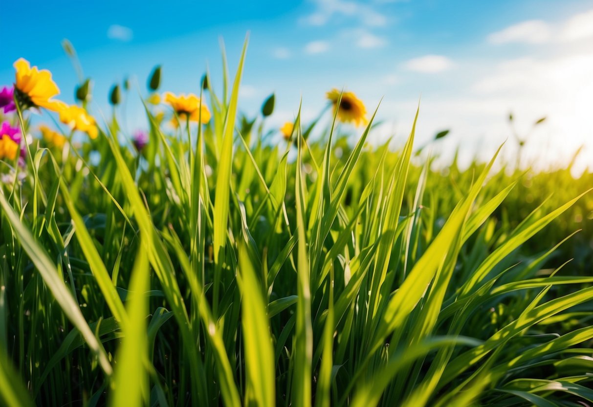 Lush green zoysia grass sways in the warm breeze, surrounded by vibrant flowers and a bright blue sky, signaling the arrival of the summer season