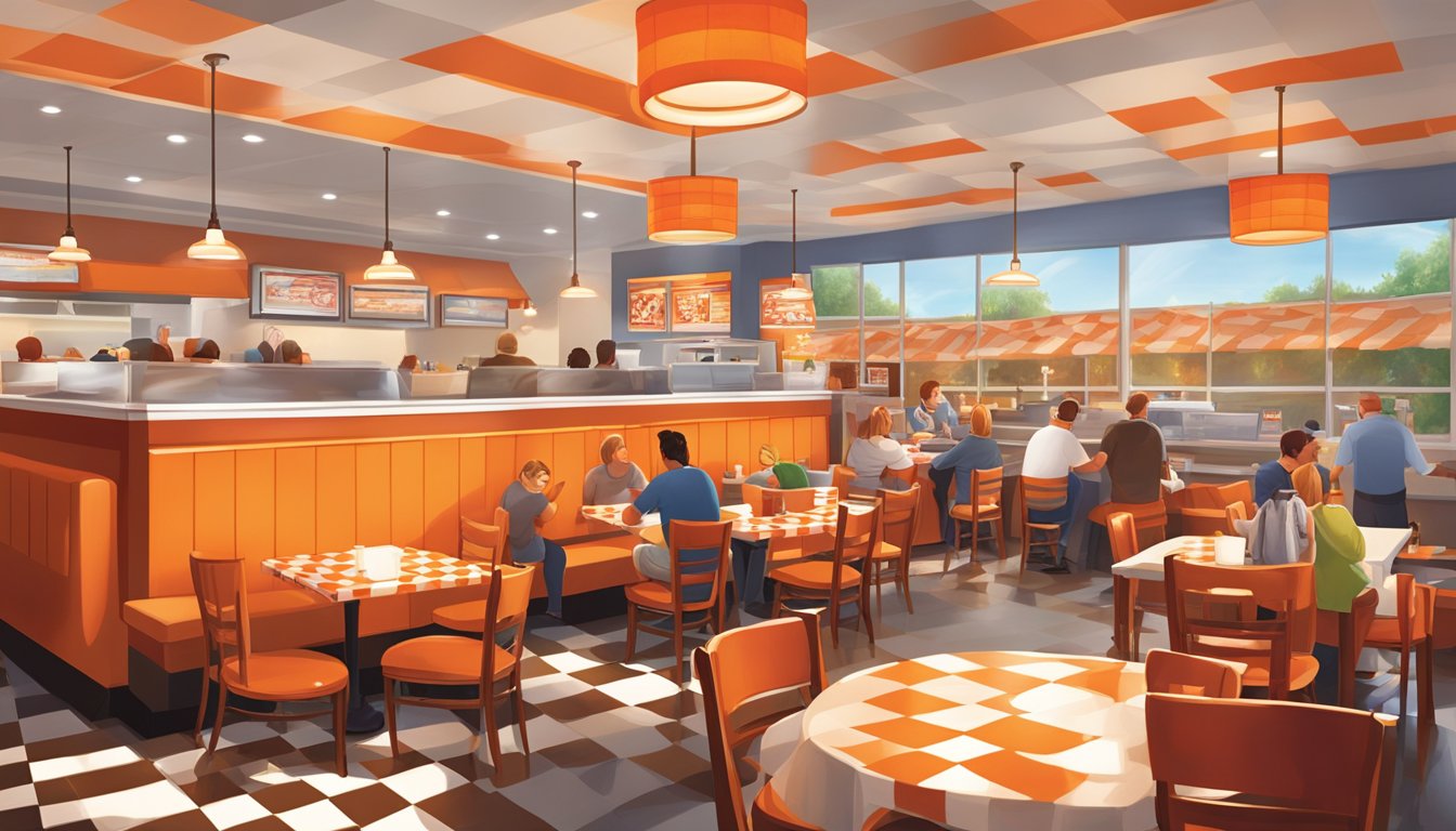 A bustling Whataburger restaurant in Newnan, with customers enjoying their meals at red and white checkered tables under the warm glow of hanging pendant lights