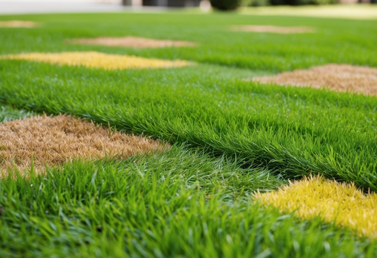 A lush green lawn of zoysia grass with patches of brown and yellow, indicating common challenges such as drought or disease