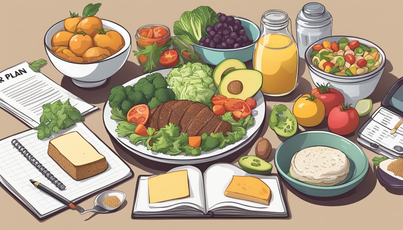 A table set with various keto-friendly foods and a meal plan notebook open to a page titled "Keto Diet Plan."