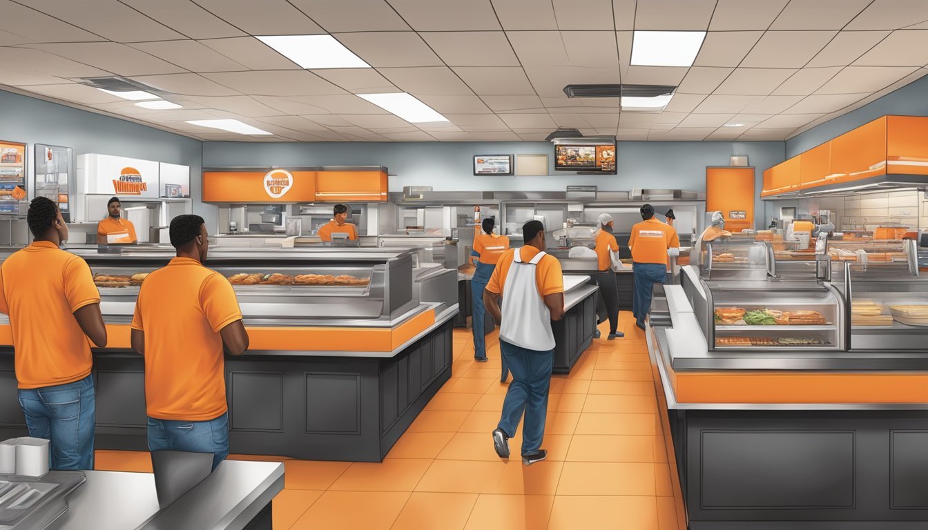 The Whataburger in Newnan is bustling with activity during its operational hours, with customers coming and going, and staff working diligently behind the counter