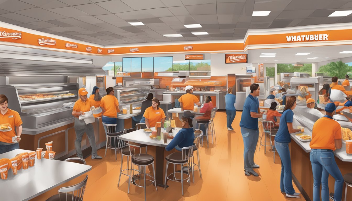 A bustling Whataburger restaurant in Newnan, Georgia, with customers enjoying their meals and staff busy at work