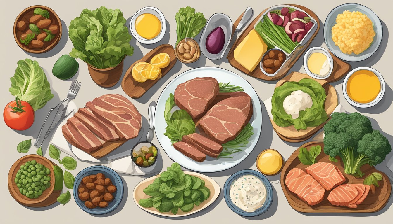 A table set with a variety of keto-friendly foods, including lean meats, low-carb vegetables, and healthy fats, with a prominent focus on portion control and balanced macronutrient ratios