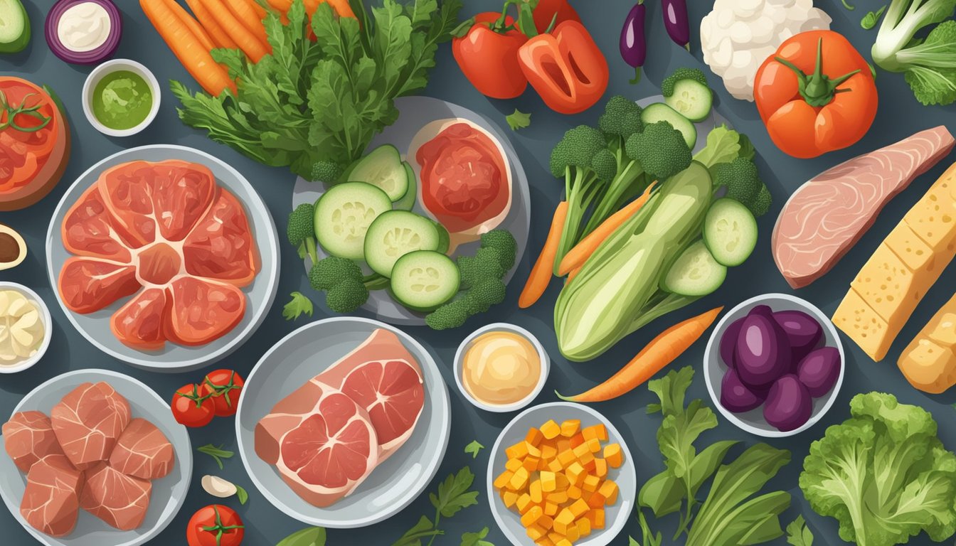 A kitchen counter with a variety of fresh vegetables, lean meats, and healthy fats laid out for meal preparation