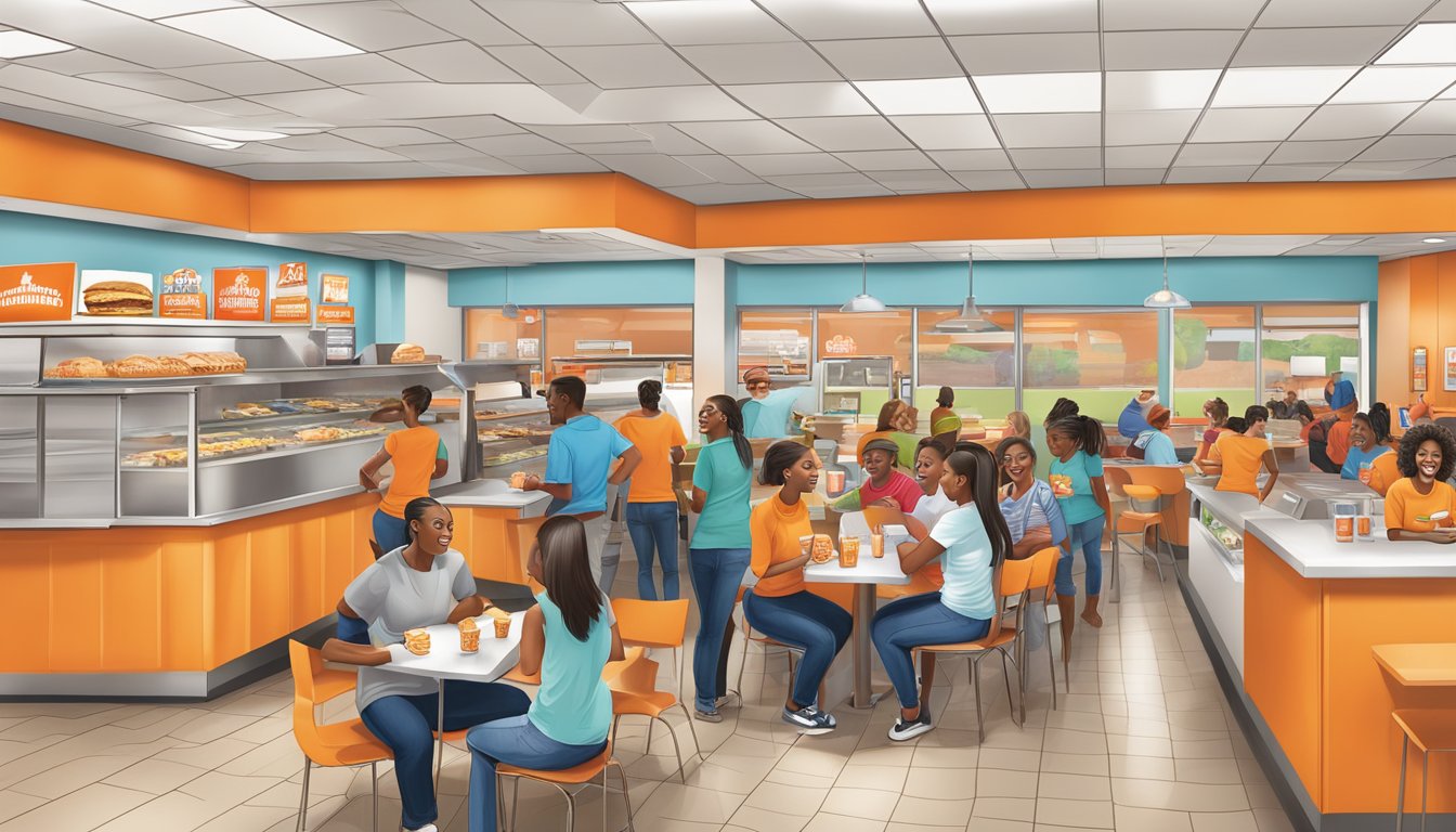 A bustling Whataburger restaurant in Newnan, with customers enjoying their meals and engaging in community involvement activities such as fundraisers or volunteer events