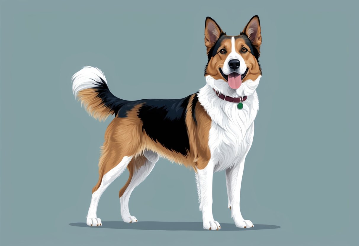 A Hovawart dog with a calm and confident demeanor, standing tall and alert, with a friendly expression and a wagging tail