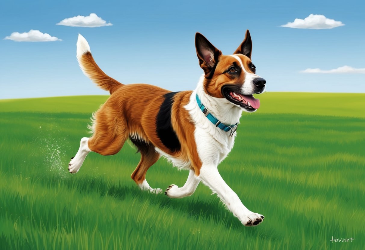 A Hovawart dog running through a lush green field, with a clear blue sky and a few scattered clouds in the background