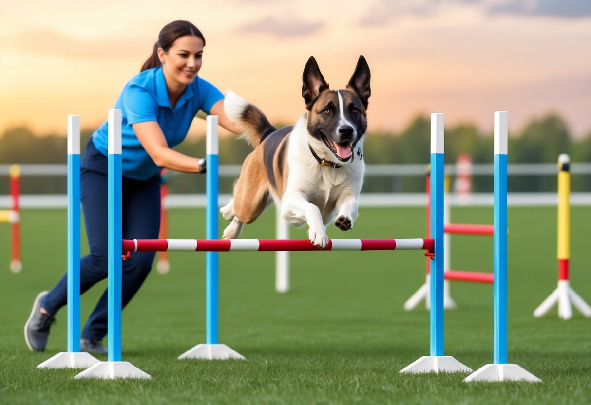 A Hovawart dog running through an agility course, jumping over hurdles and weaving through poles, with a trainer guiding and encouraging it