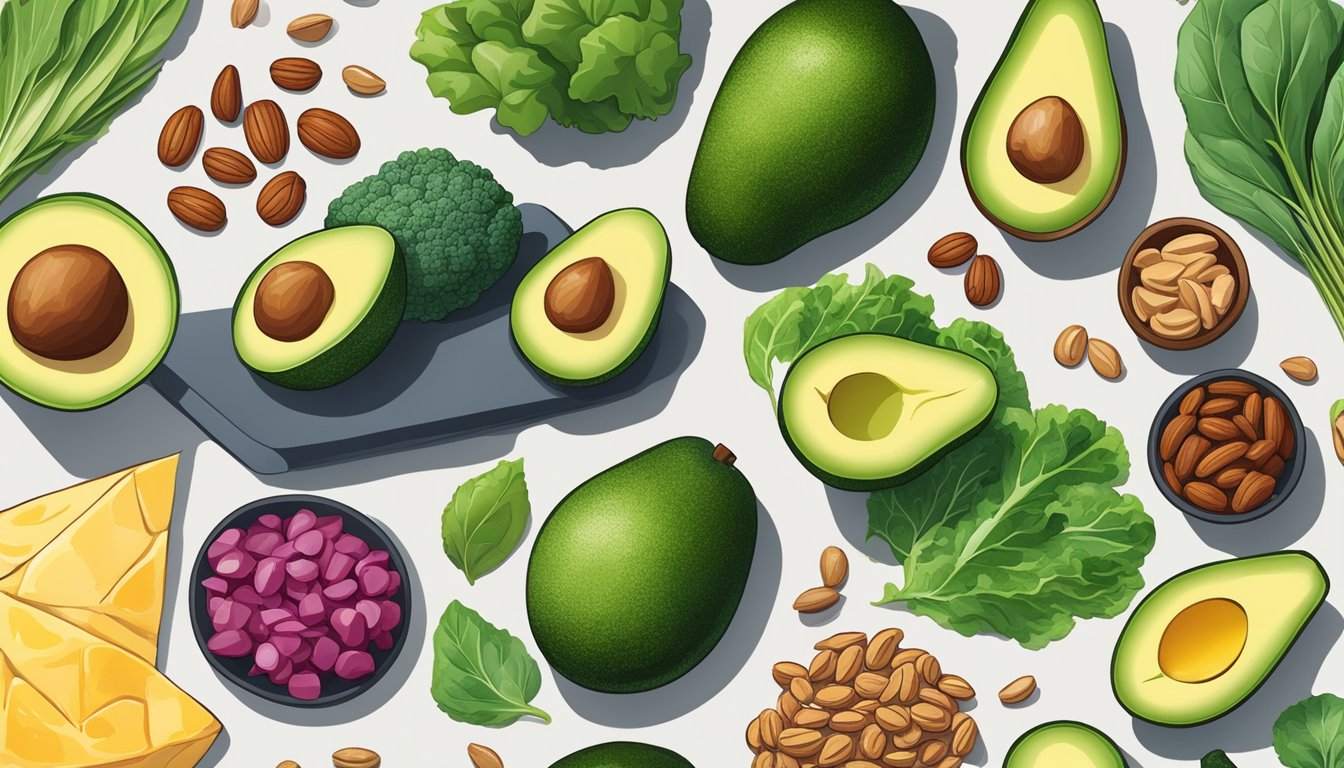 A colorful array of keto-friendly foods arranged on a table, including avocados, leafy greens, nuts, and lean protein sources