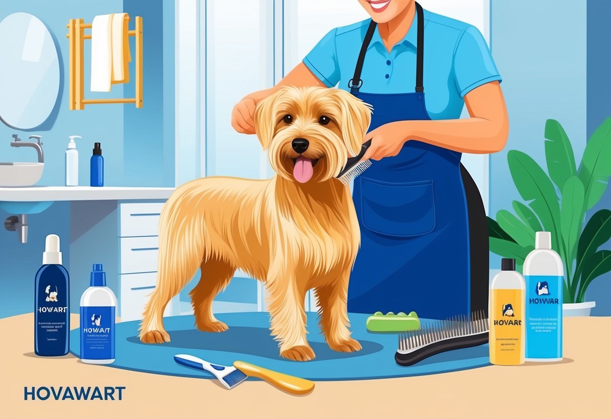 A Hovawart dog being brushed and groomed by a handler, surrounded by grooming tools and products in a well-lit, clean environment