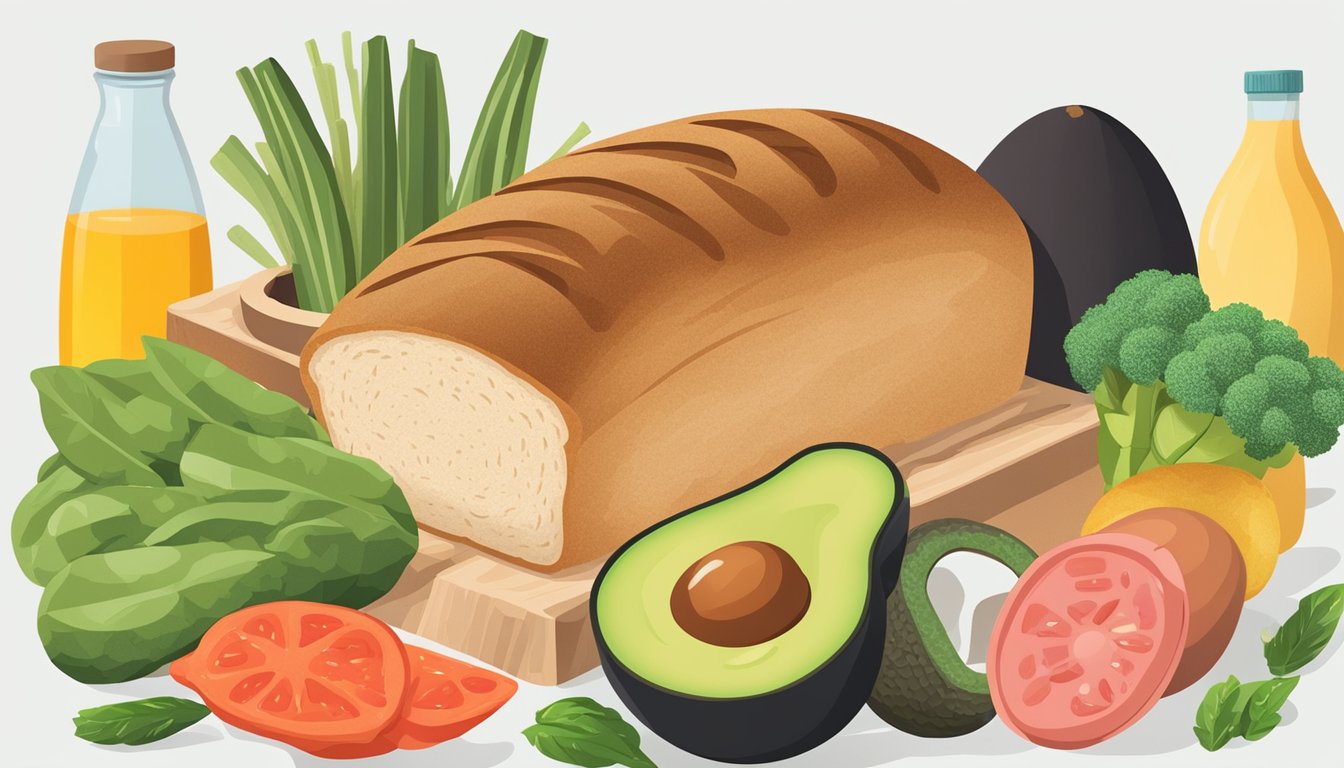 A loaf of bread with a red circle and line through it, surrounded by various keto-friendly food items such as avocados, eggs, and vegetables