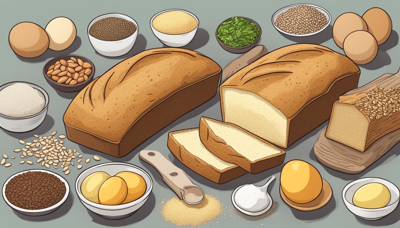 A loaf of keto bread surrounded by low-carb ingredients like almond flour, eggs, and seeds