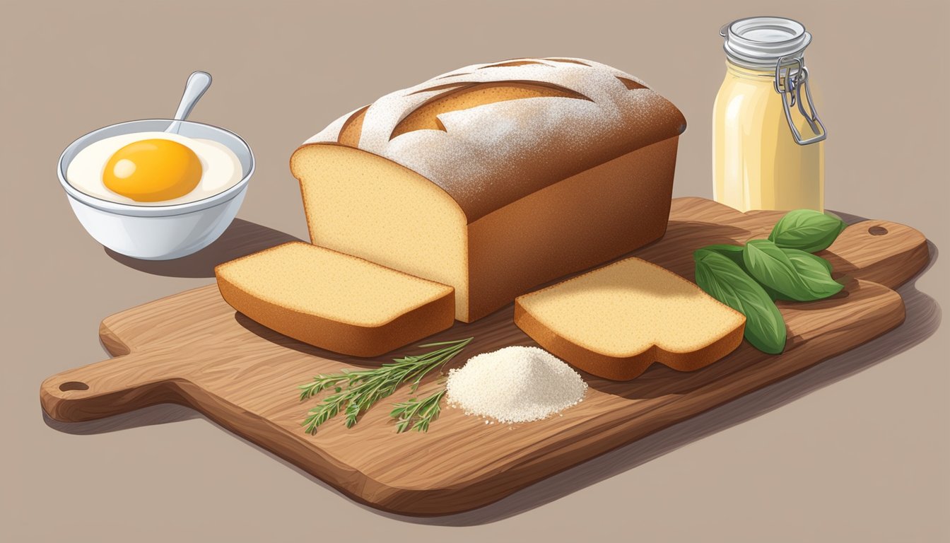 A loaf of keto bread surrounded by ingredients like almond flour, eggs, and baking powder on a wooden cutting board