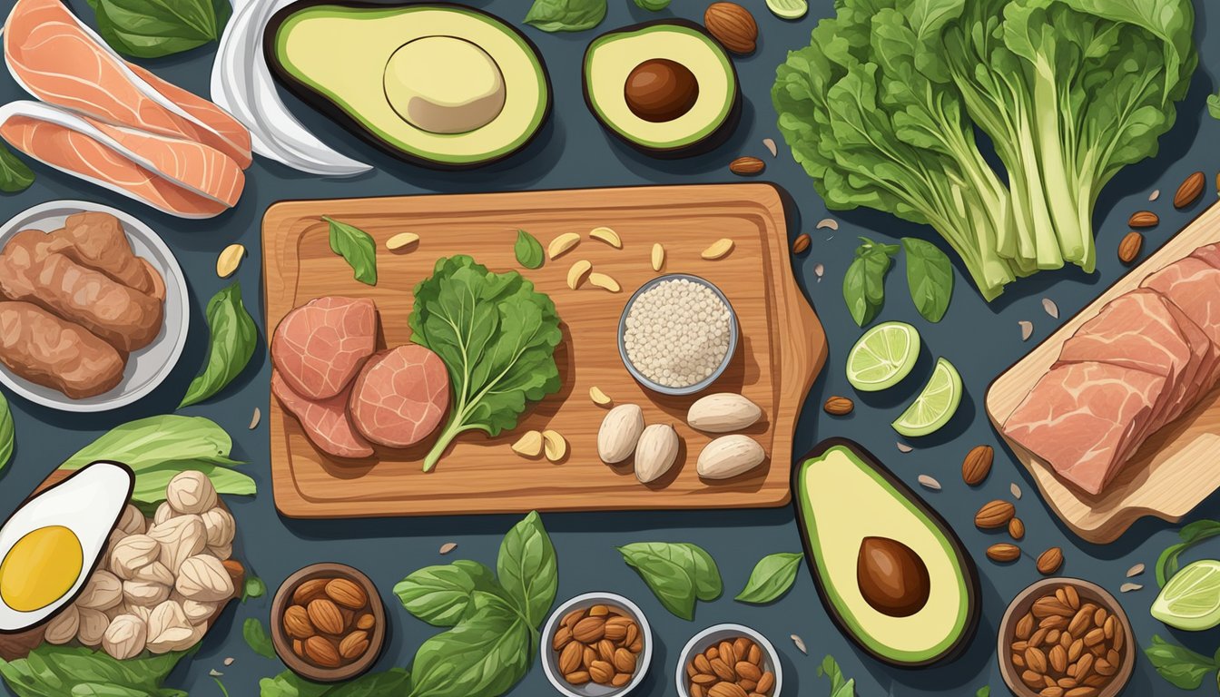 A variety of keto-friendly foods arranged on a wooden cutting board, including avocados, leafy greens, nuts, seeds, and lean meats