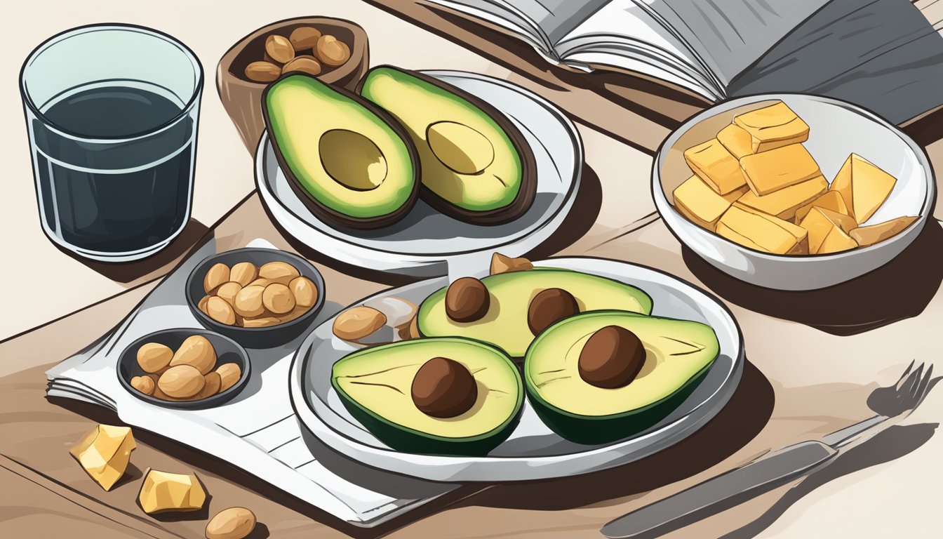 A table with keto-friendly snacks like nuts, cheese, and avocado, alongside a glass of water and a keto recipe book