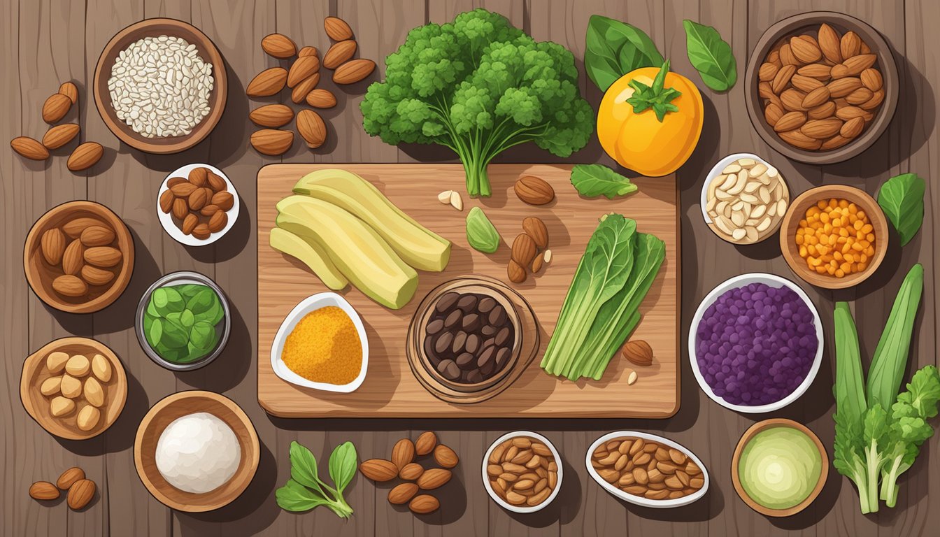 A variety of keto-friendly ingredients such as nuts, seeds, and low-carb vegetables arranged on a wooden cutting board