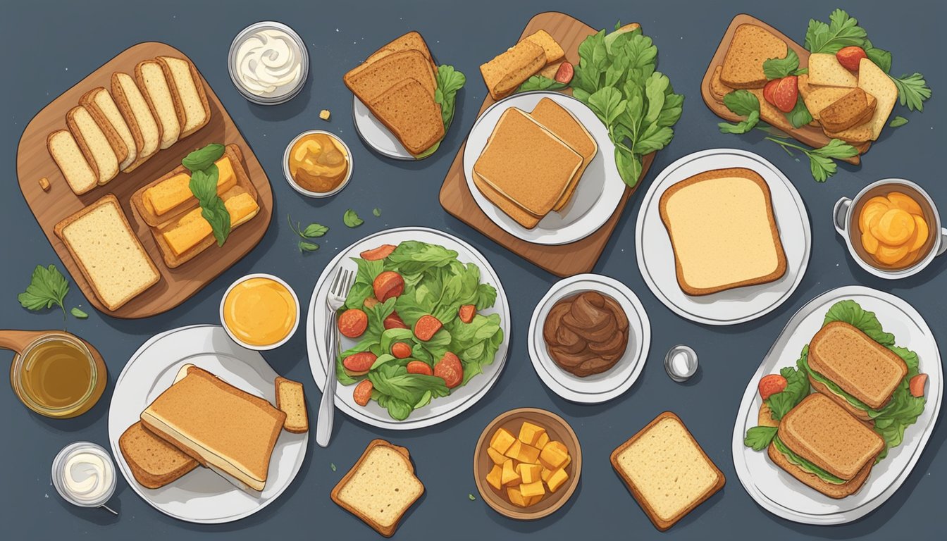 A table set with a variety of meals, including sandwiches, toast, and croutons, all made with keto bread