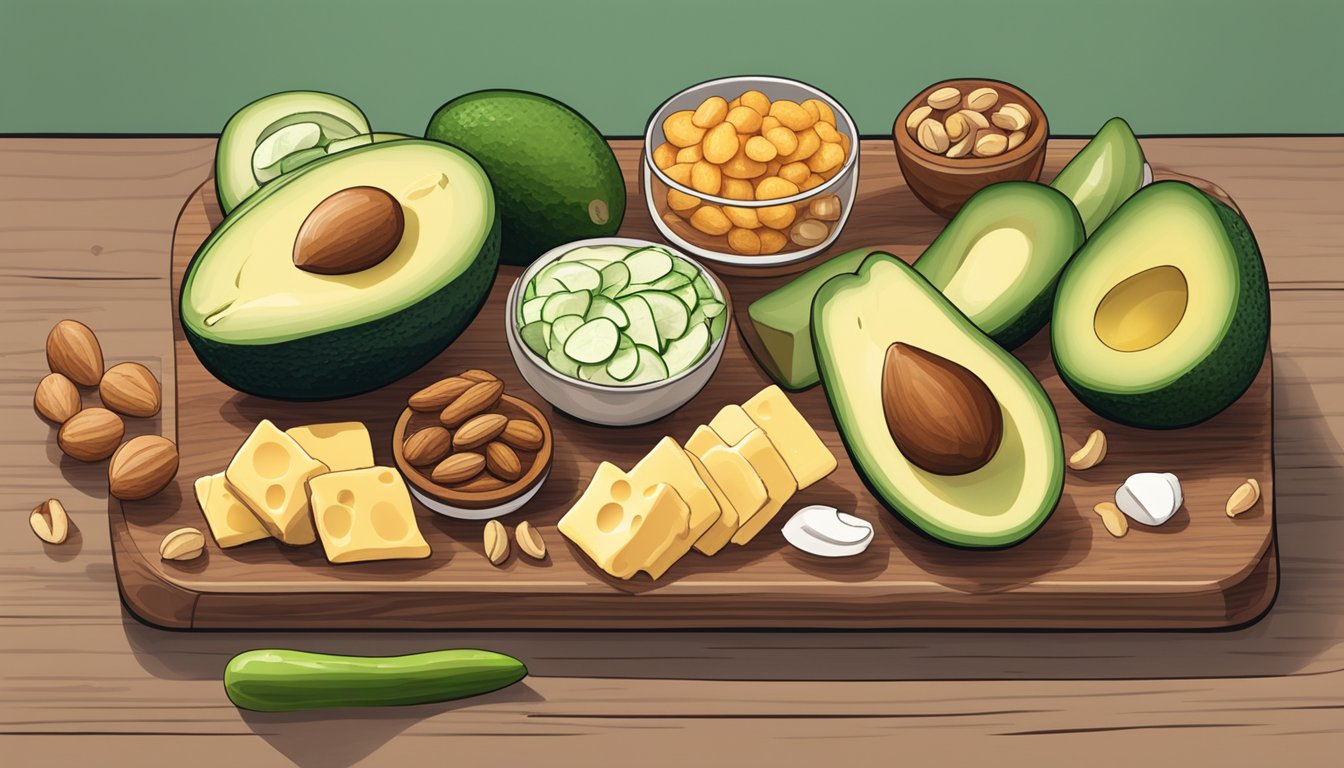 A wooden cutting board holds a variety of keto-friendly snacks: nuts, cheese, avocado slices, and cucumber rounds