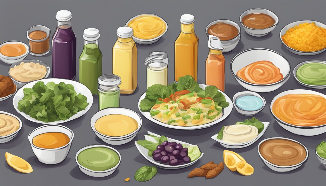 A table spread with a variety of keto-friendly dressings, sweeteners, and condiments