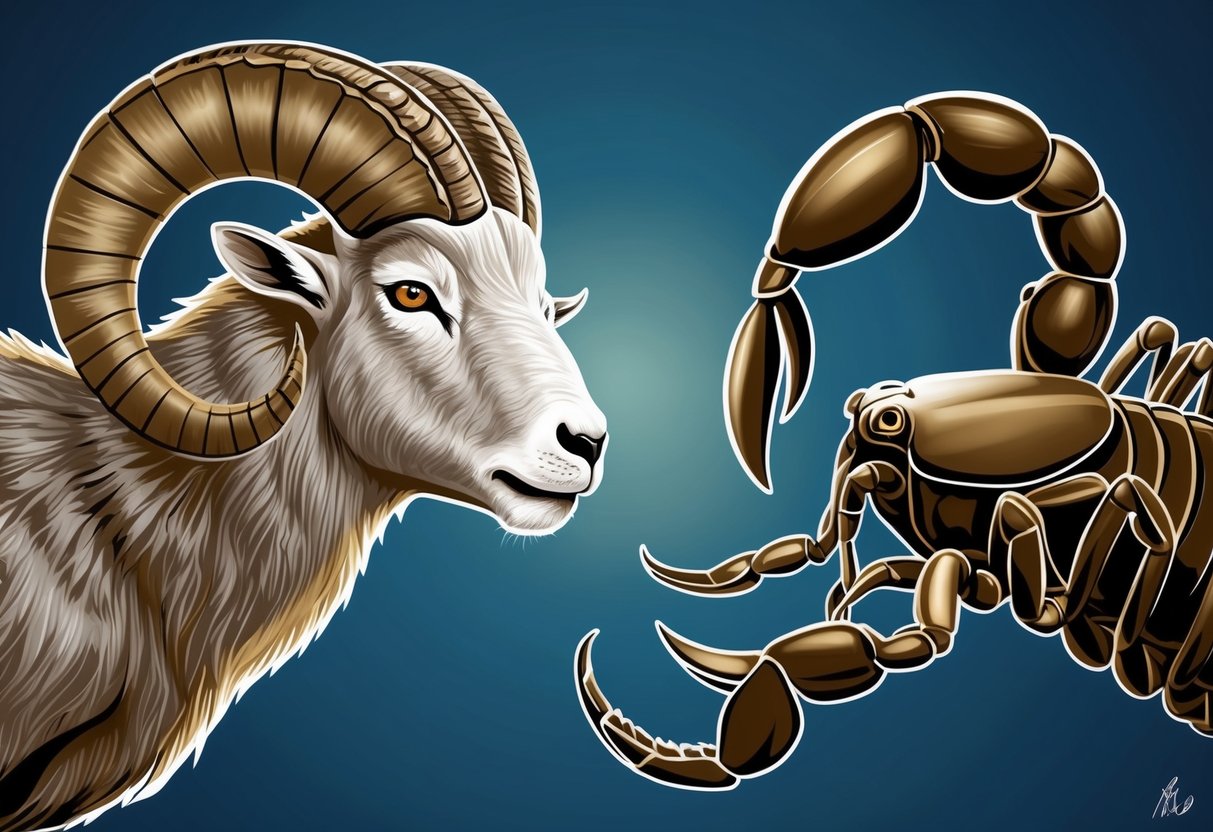 A ram and a scorpion face each other, one poised for action, the other ready to strike. Their intense gazes lock in a battle of wills