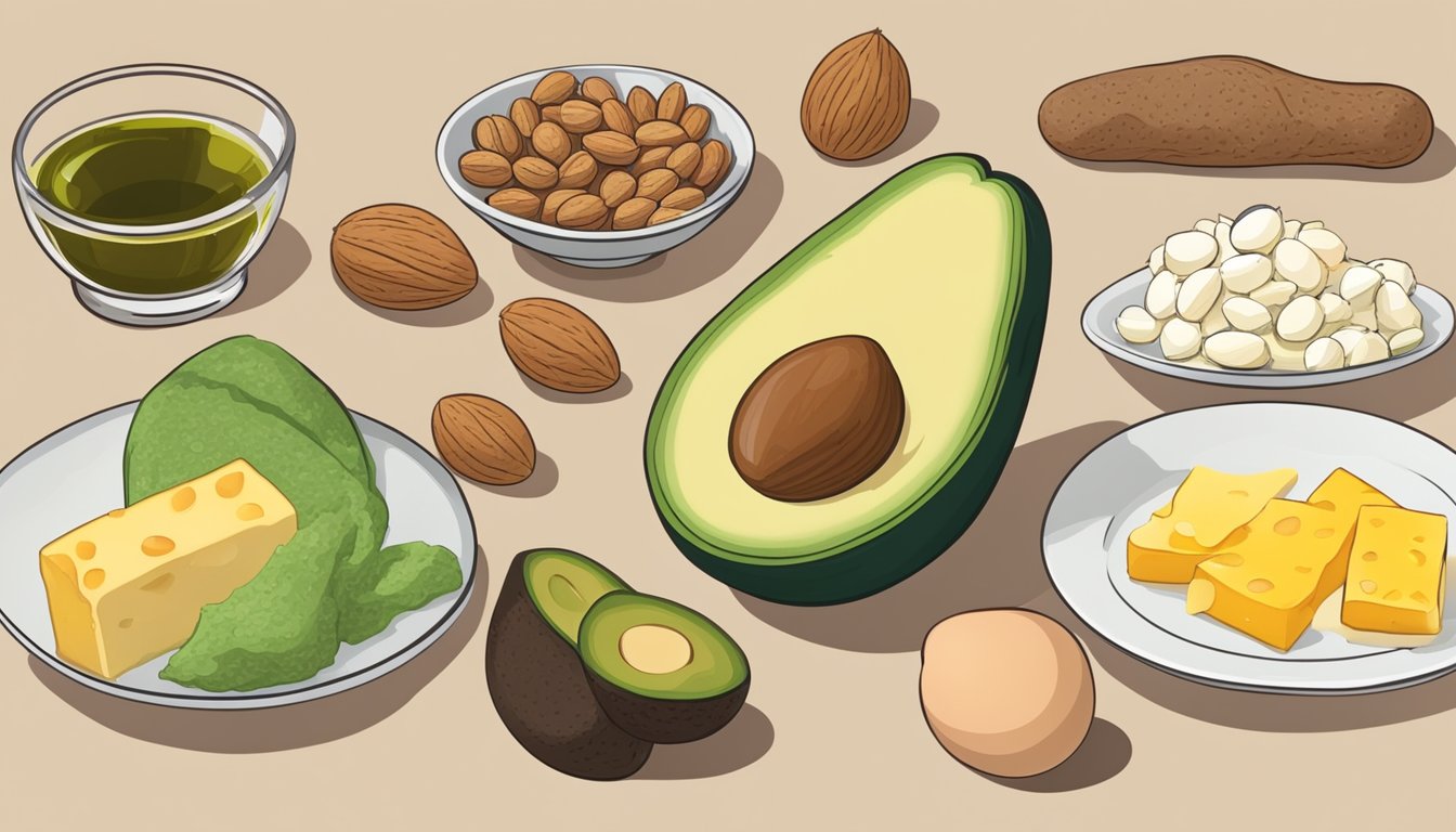 A table with various keto-friendly foods: avocados, nuts, salmon, olive oil, eggs, and cheese. A chart showing cholesterol and fat content