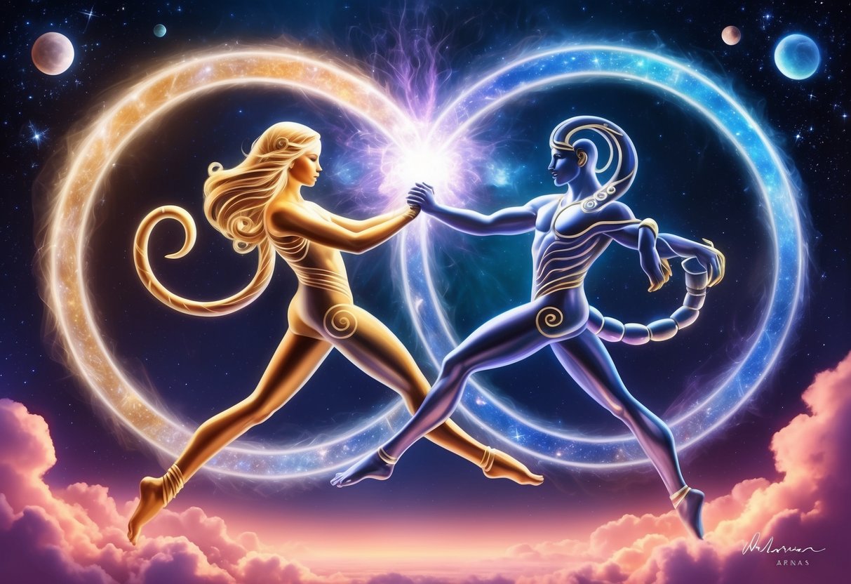 Aries and Scorpio symbols entwined in a cosmic dance, surrounded by celestial elements and a sense of intense passion