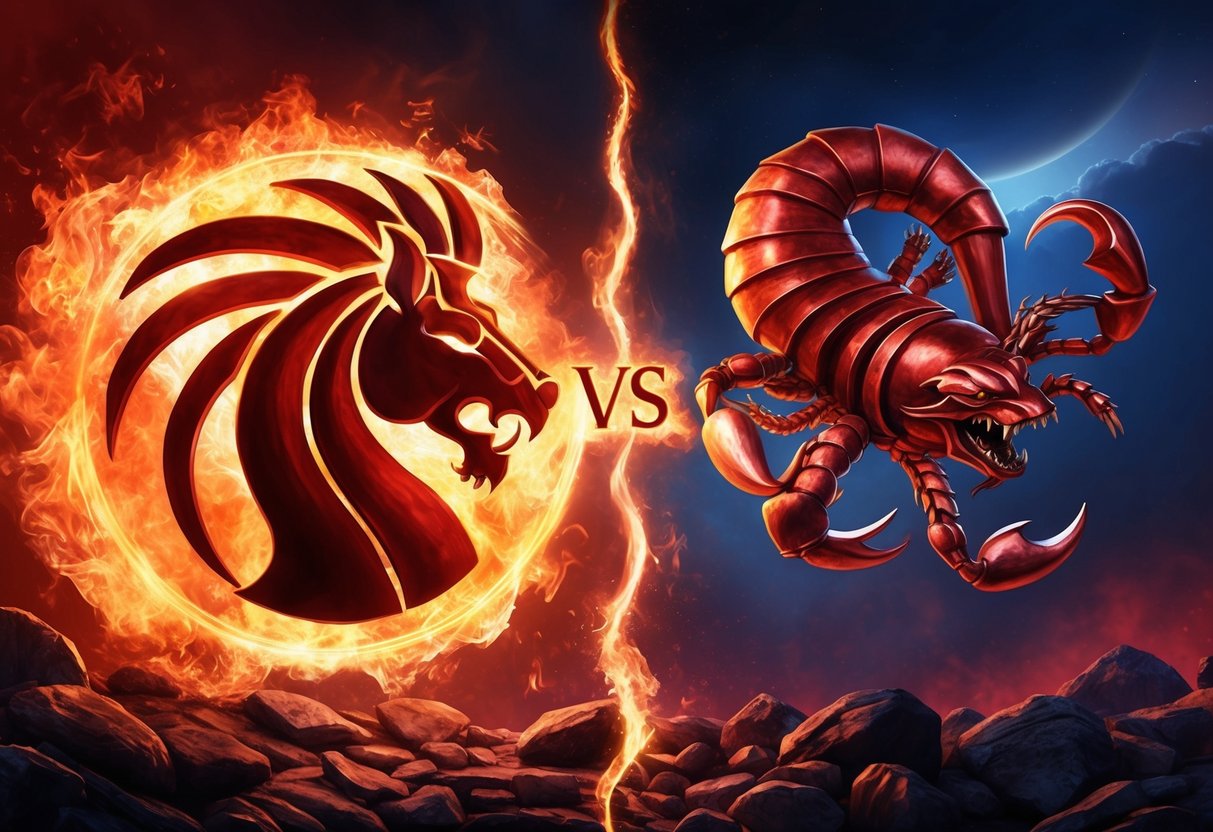 Aries and Scorpio symbols clash in a fiery, intense confrontation