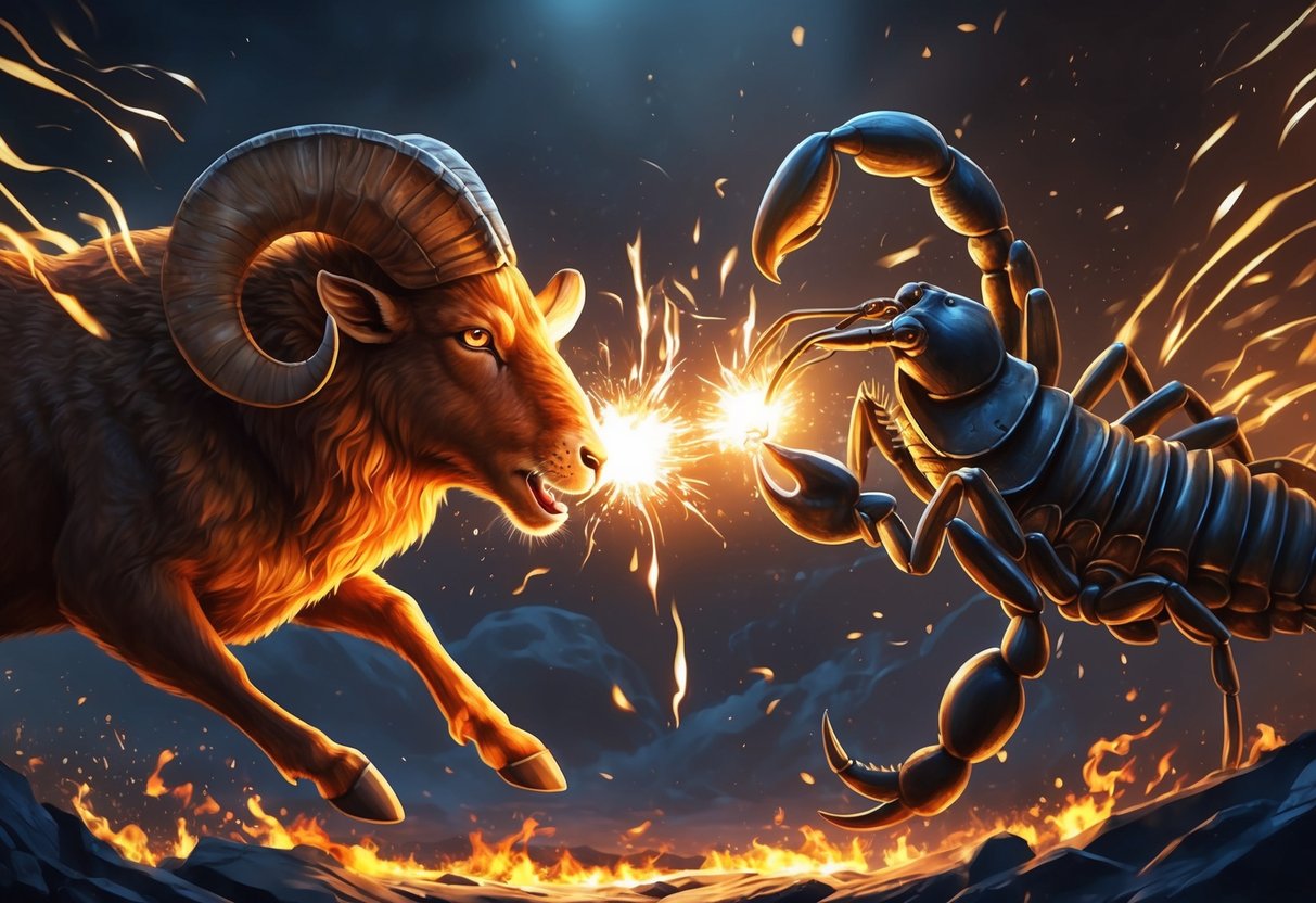 A fiery ram and a mysterious scorpion face off in a tense but passionate encounter, surrounded by intense energy and sparks flying