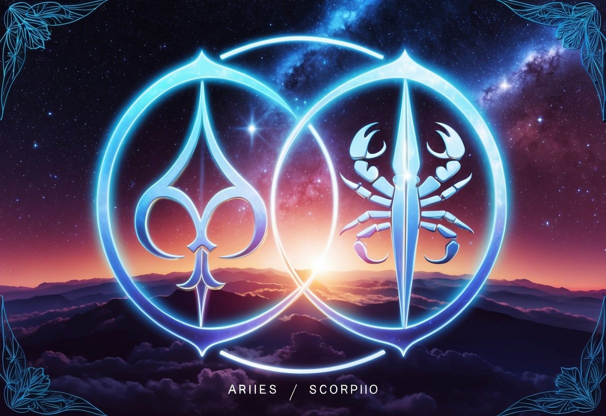 Aries and Scorpio symbols merging in a cosmic dance of unity and understanding