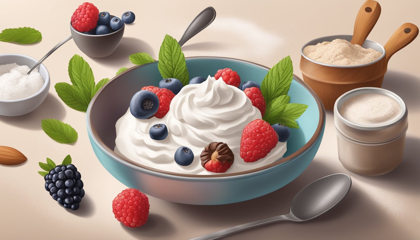 A kitchen counter with almond flour, coconut oil, stevia, and unsweetened cocoa powder, surrounded by fresh berries and a bowl of whipped cream