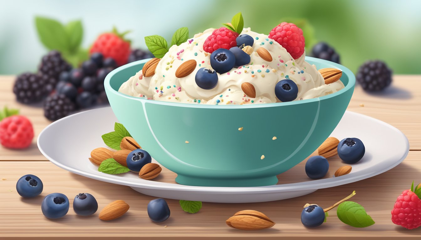 A bowl of keto-friendly ice cream surrounded by fresh berries and a sprinkle of nuts on a wooden table