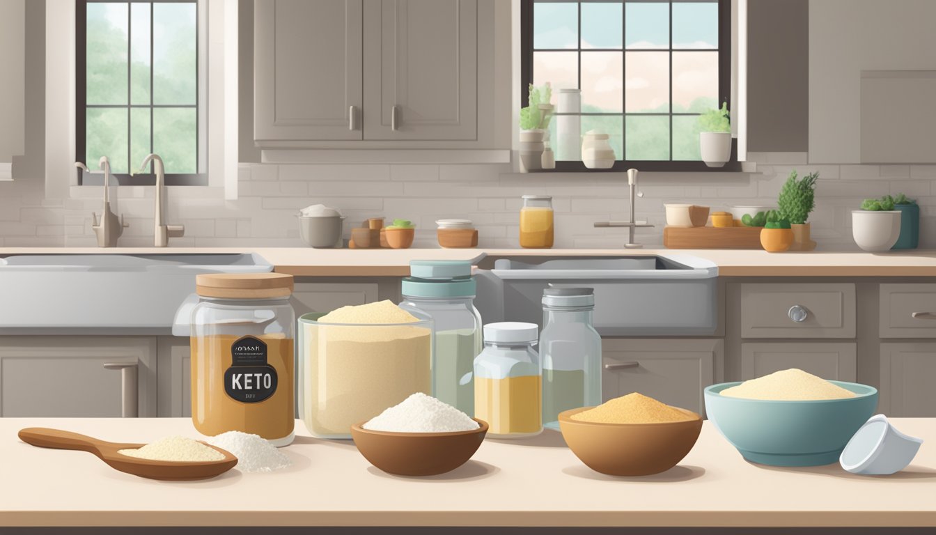 A kitchen counter with a variety of keto baking ingredients and utensils, including almond flour, coconut oil, erythritol, and a mixing bowl